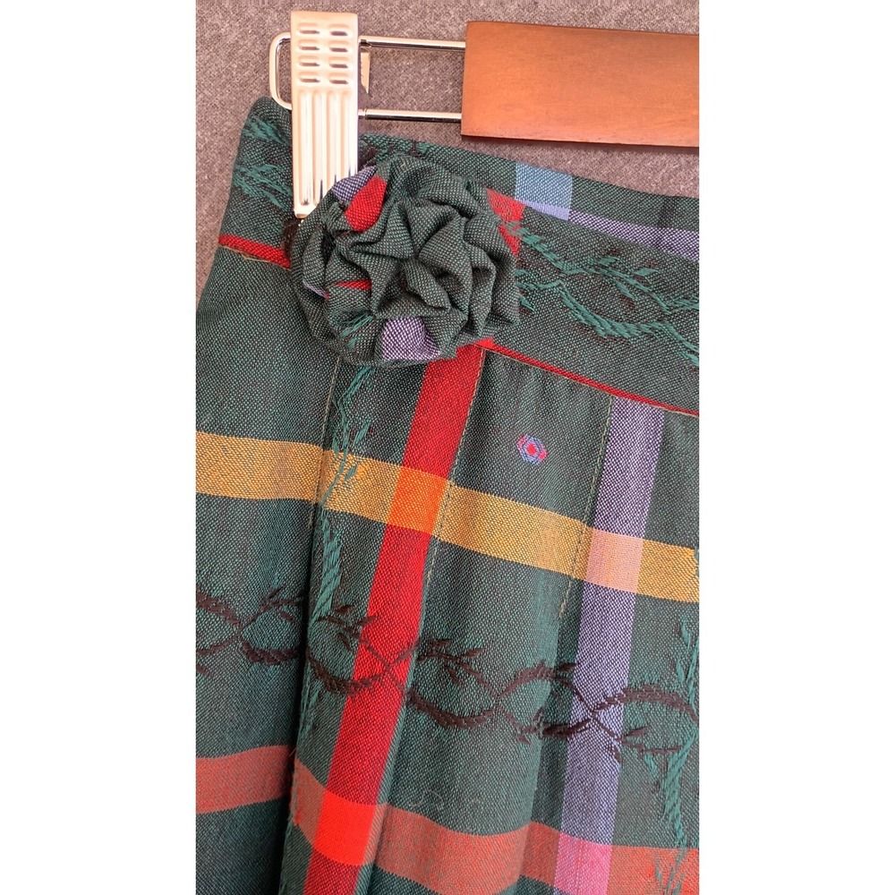 Vintage Geiger Green Plaid Boiled Wool Midi Skirt Rosette Embroidered Size 36 S - Picture 3 of 9